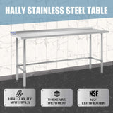 Hally Open Base Stainless Steel Table 24 x 72 Inches, NSF Commercial Heavy Duty Prep & Work Table with Backplash and Galvanized Legs for Restaurant, Home and Hotel