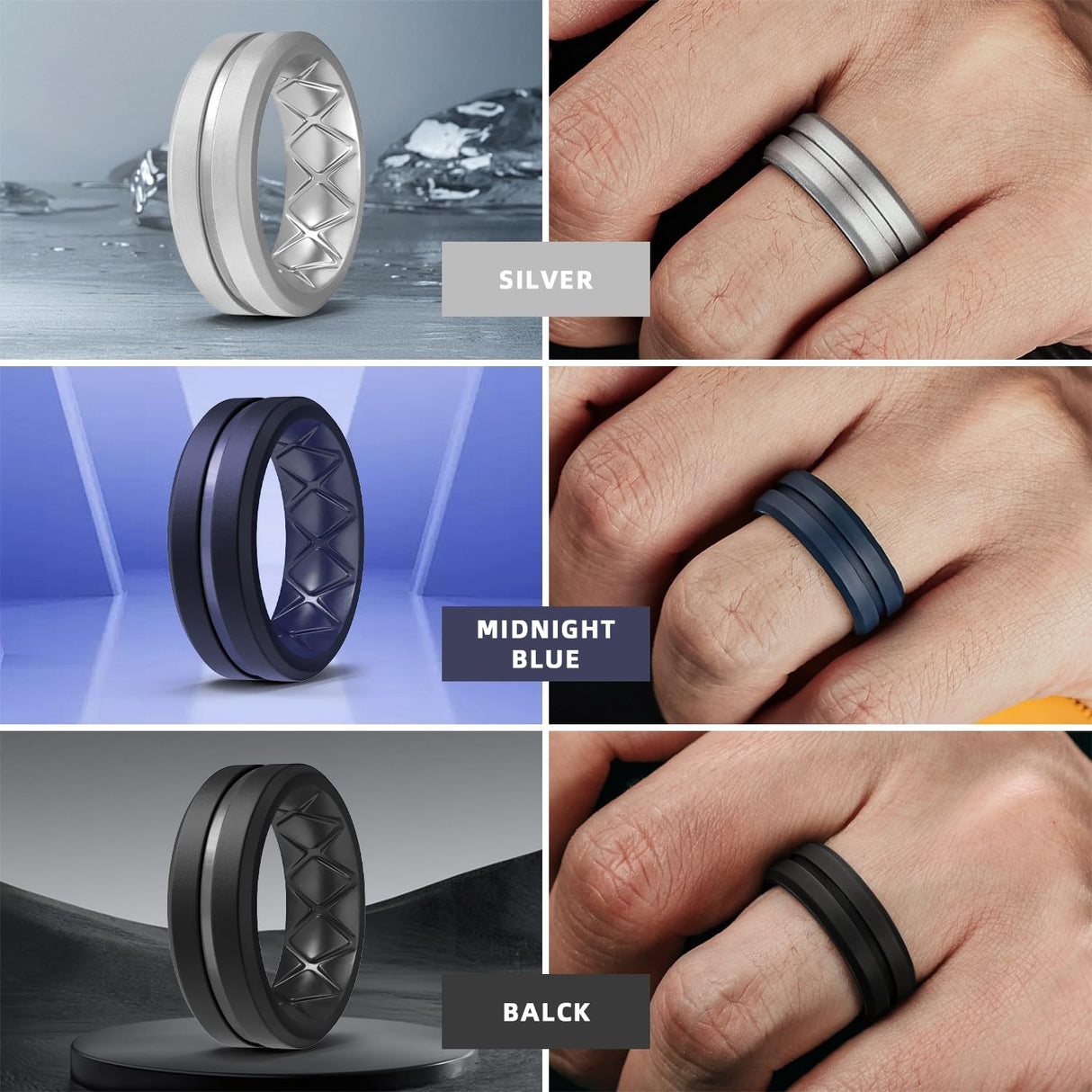 Egnaro Men's Silicone Rings, 8mm Wide Two Tone Rubber Wedding Band for Him