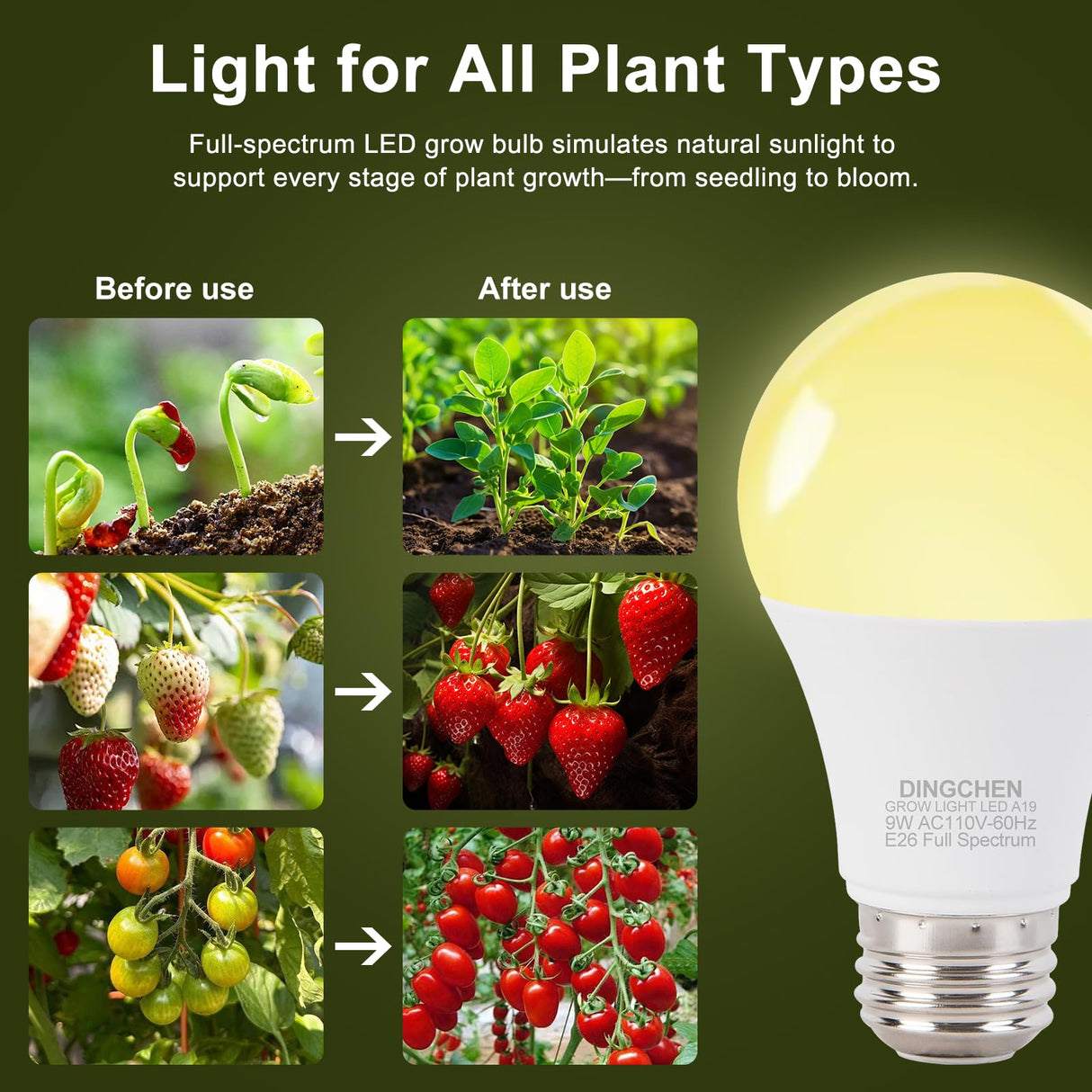 DingChen Grow Light Bulbs, A19 Full Spectrum Light Bulb, 9W Plant Grow Lights Bulbs (100W Equivalent), E26 Base, for Indoor Plants, Herbs, Flowers, Vegetables, 6 Pack