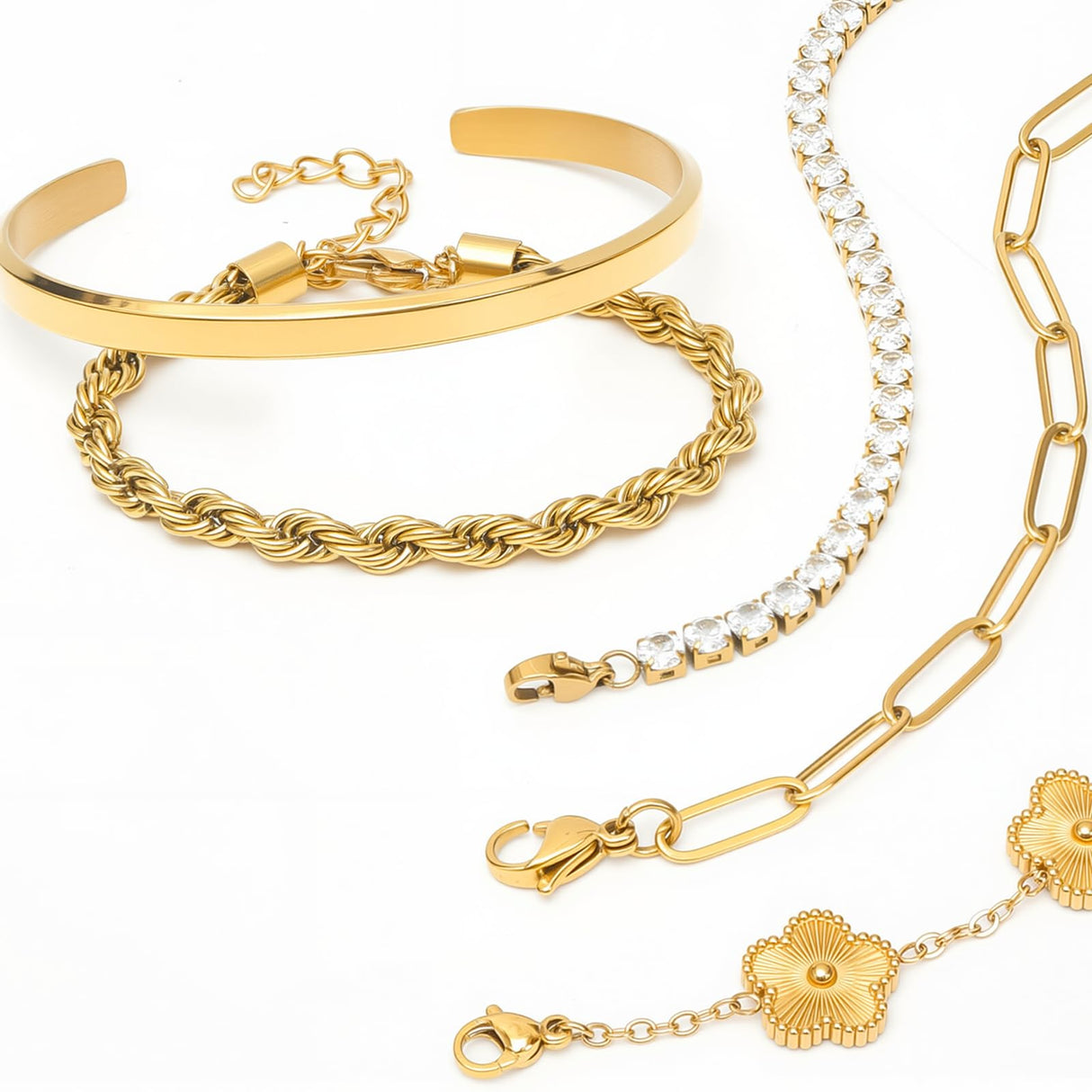 Gold Bracelets Set for Women Non Tarnish Waterproof 18K Gold Plated Lucky Floral Tennis Chunky Cuff Bracelet Tie Cuban Rope Paperclip Bracelet Stackable Trendy Fashion Accessories Stack Jewelry Gifts 5Pcs for Mothers Day Birthday(Gold)