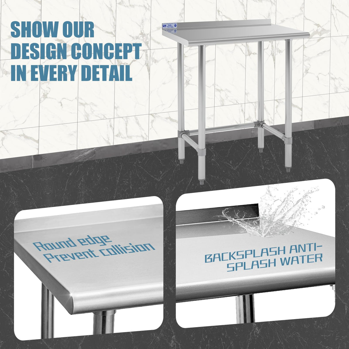 Hally Open Base Stainless Steel Table 24 x 30 Inches, NSF Commercial Heavy Duty Prep & Work Table with Backplash and Galvanized Legs for Restaurant, Home and Hotel