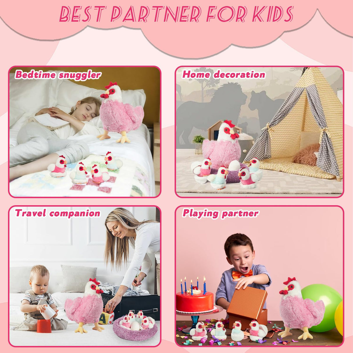 9 in 1 Chicken Stuffed Animal Set, Stuffed Chicken Toys for Kids Egg Laying Hen with Coop, Baby Chicks Plush Chickens and Eggs for Girls Kids Christmas Birthday Easter Gifts Farm Party Decor (Pink)