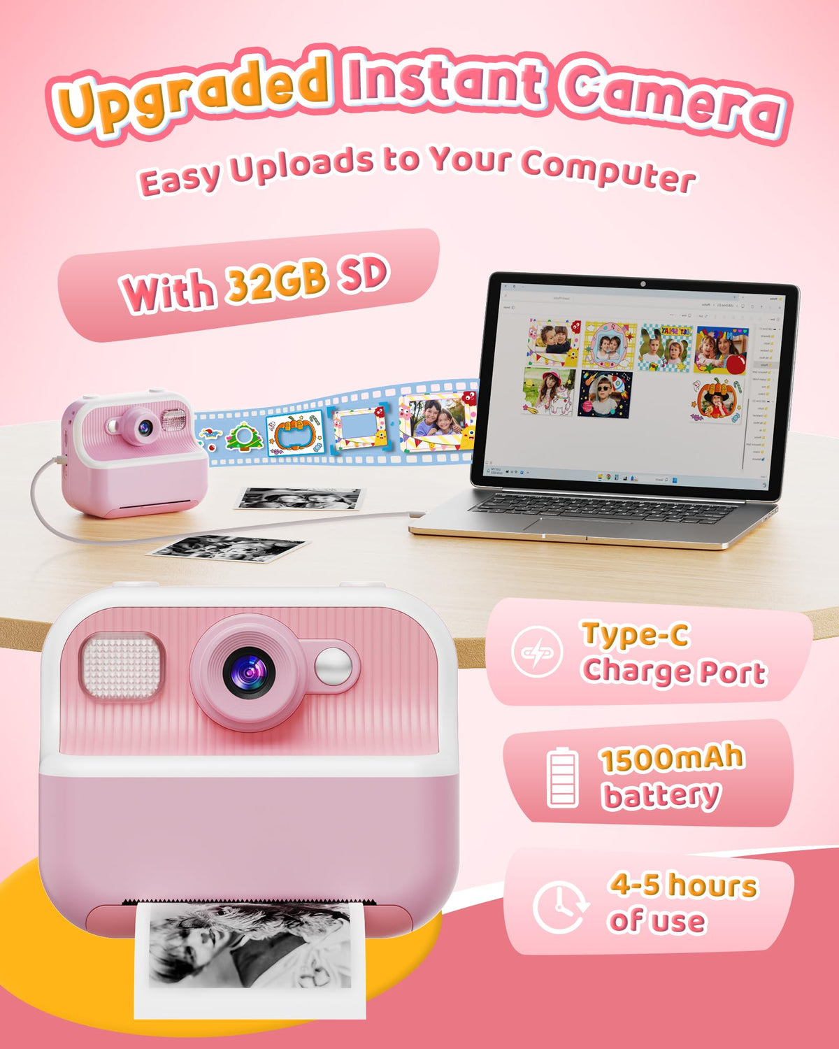 Instant Camera, Front Rear Dual Selfie Kids Camera with 1080P Videos, Holiday Birthday Gifts for Kids Age 3-12, Toddler Portable Travel Print Digital Camera Toy for 4 5 6 7 8 9 Year Boys Girls