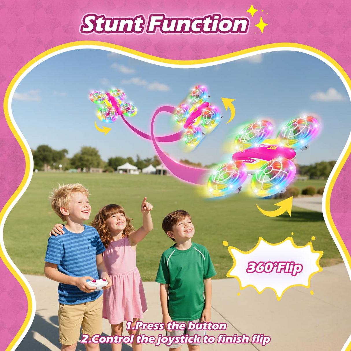 FUNPX LED RC Drone for Kids 6+, Christmas Birthday Gift for Boys & Girls with Remote Batteries, 360° Flips, 3 Speed Modes, 45 Min Flight Indoor and Outdoor Flying Toy - RoseRed Yellow