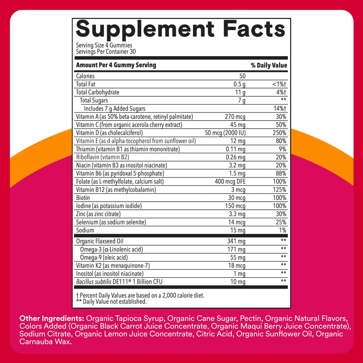 SmartyPants Organic Women's Multivitamin Gummies: Biotin, Probiotics, Methylfolate, Omega 3 (ALA), Vitamin D3, C, Vitamin B12, B6, A, K & Zinc, Inositol, Gluten Free, 120 Count (30 Day Supply)