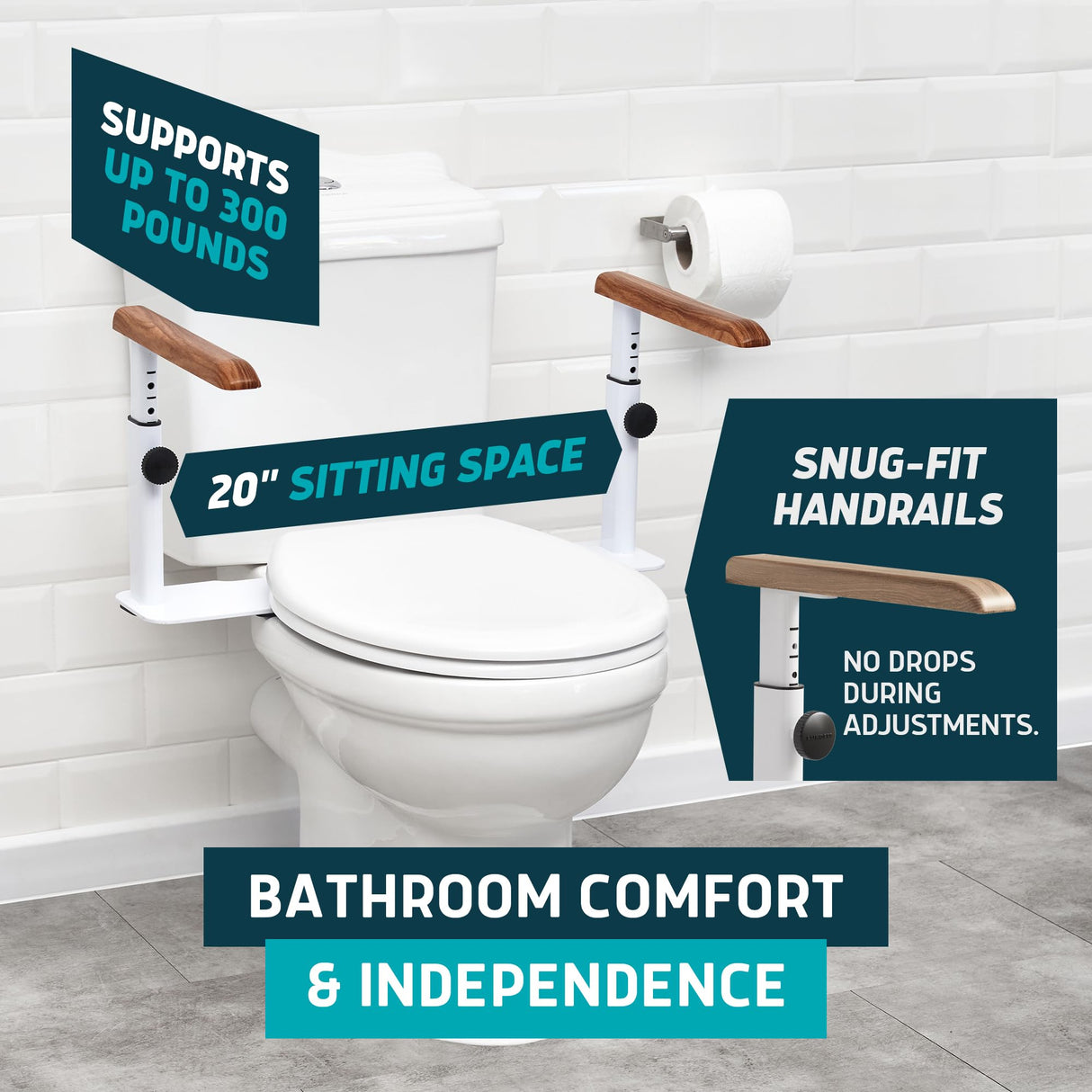 Lunderg Toilet Safety Rails for Seniors - Easy Installation & Super Sturdy Grab Bars Arms - Non-Bulky & Elegant Handicap Toilet Safety Frame - Seat Handles for Elderly, Disabled or Mobility Issues
