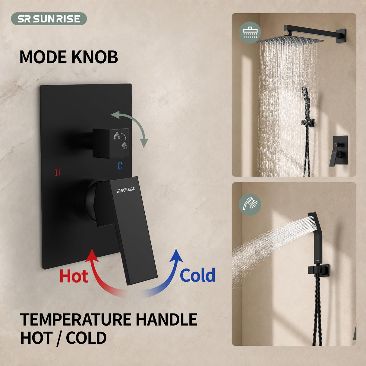 SR SUN RISE Black Square Rainfall Shower Head and Handle Set, Wall Mounted Shower Fixtures, Metal Shower Faucet Trim Repair Kits (With Shower Valve)
