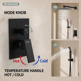 SR SUN RISE Black Square Rainfall Shower Head and Handle Set, Wall Mounted Shower Fixtures, Metal Shower Faucet Trim Repair Kits (With Shower Valve)