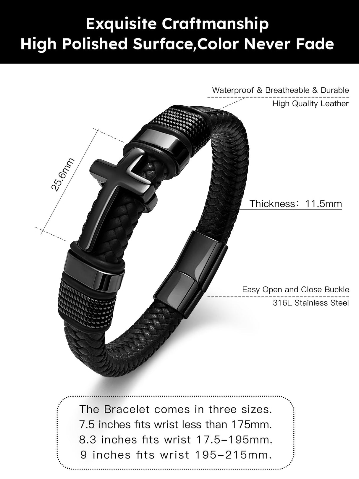Black Cross Cuff Bracelet for Men,Stainless Steel Braided Leather Bible Verse Bracelet with Joshua 1:9 Inspirational Faith Gift for Dad,Brother,Son,Religious Baptism and Confirmation Gifts 8.3 Inch