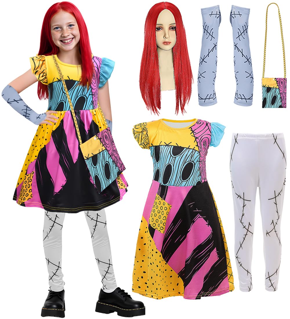 shyhand Sally Costume for Girls Kids Nightmare Before Christmas Dress Wig Pants Accessories Sally Cosplay Outfit 3-12 Years