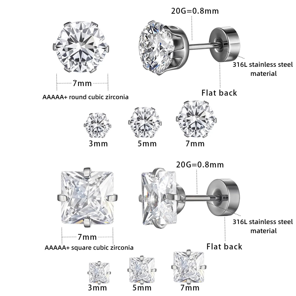 6 Pairs Screw Back Titanium Surgical Stainless Steel Round Square Princess Cut CZ Earrings For Women Men Hypoallergenic Cubic Zirconia Earrings (White Gold Plated)