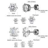 6 Pairs Screw Back Titanium Surgical Stainless Steel Round Square Princess Cut CZ Earrings For Women Men Hypoallergenic Cubic Zirconia Earrings (White Gold Plated)