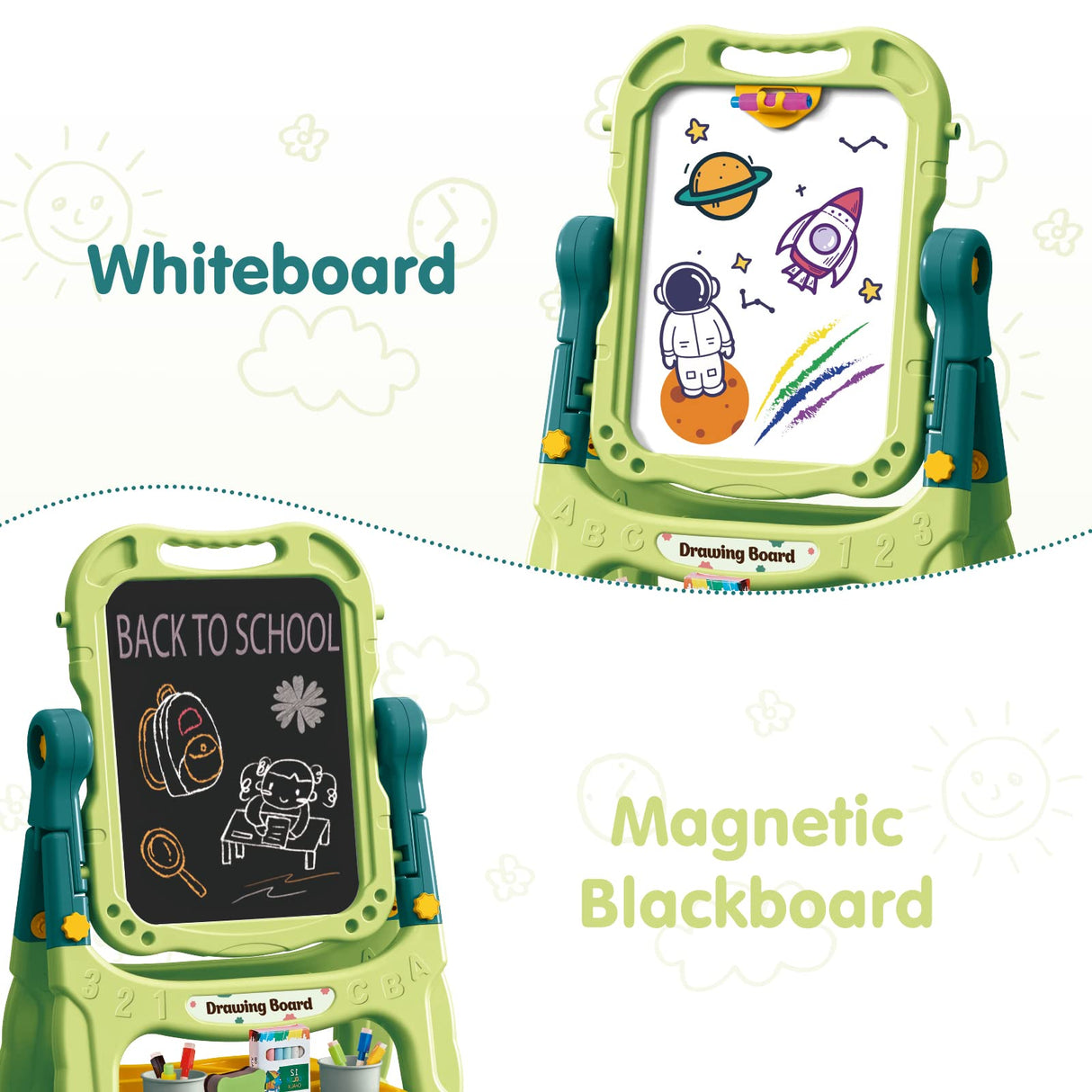 Amagoing Easel for Kids, Adjustable Standing Art Easel for Toddler, Double Magnetic Drawing Board with Painting Accessories, Birthday Christmas Gift for Little Boys and Girls, Middle Size (Green)