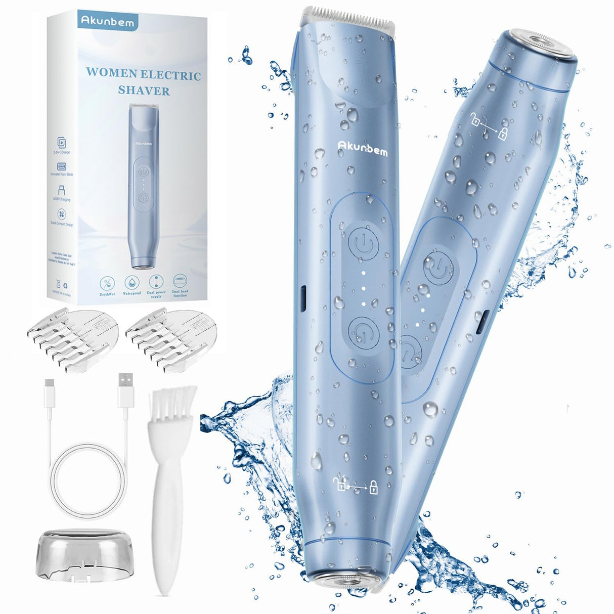 Akunbem 2 in 1 Women Electric Shaver Dual Head Bikini Trimmer for Women IPX7 Waterproof Wet & Dry Use Body Hair Trimmer and Facial Hair Remover for Bikini Underarm Leg Arm Body Face, Blue