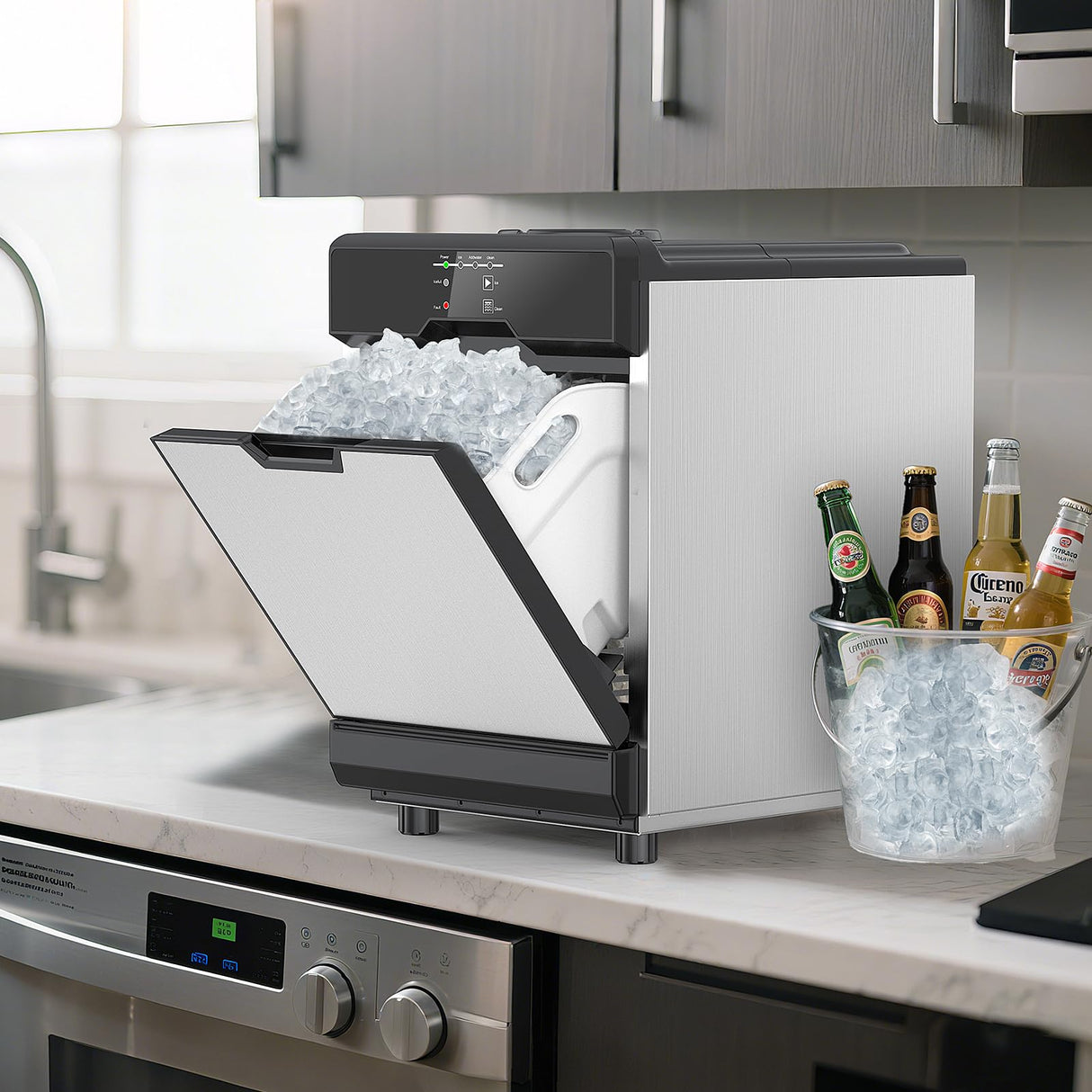 Nugget Ice Maker Countertop, 40 LBS/Day with 10 LBS Storage Bin, Freestanding/Countertop Ice Maker Machine Stainless Steel, Soft Chewable Pellet Ice Machine for Home Bar Kitchen Office, Self-Cleaning