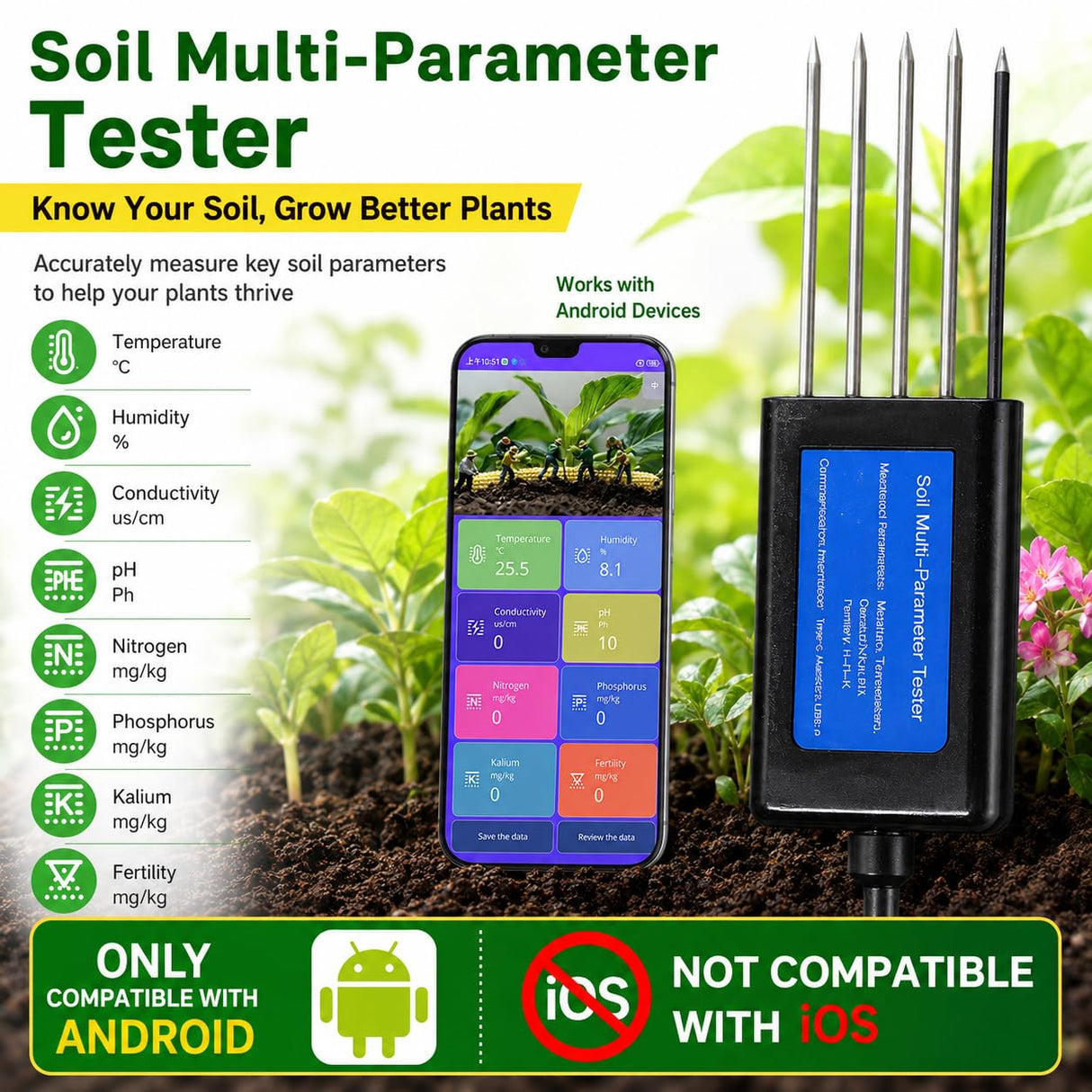 8 in 1 Soil Tester, Nitrogen, Phosphorus, Potassium Npk Tester, Ph, Moisture, Nutrient Conductivity, Ec Meter,High Accuracy Digital Sensitive,Soil Fertility Test