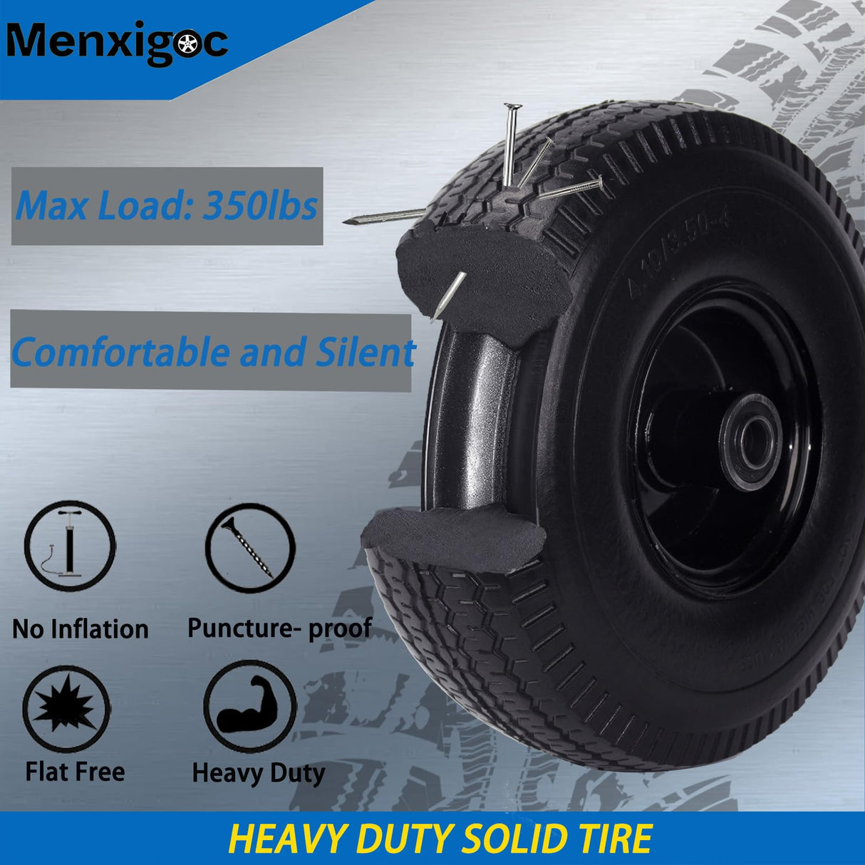 4.10/3.50-4" Tire and Wheel, 10" Solid Tire, 5/8" Bearing with 3/4" & 1/2" Extra Bearings, 4.10/3.50-4 Flat Free Wheels, 2.2" Offset Hub for Hand Truck Garden Wagon Cart Trolley Dolly - 2 Pack