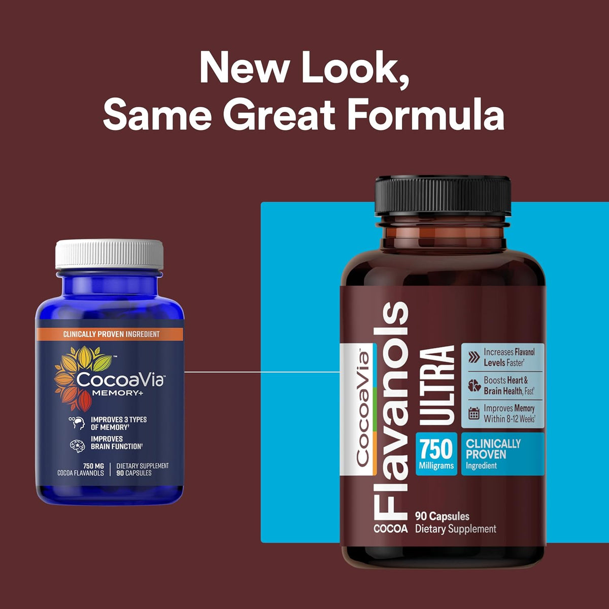 CocoaVia Memory & Focus Brain Supplement, 90 Day, Cocoa Flavanol Blend, Lutein, Added Caffeine for Boost. Improve Cognitive Function, Attention, Vegan & Plant Based, 90 Capsules