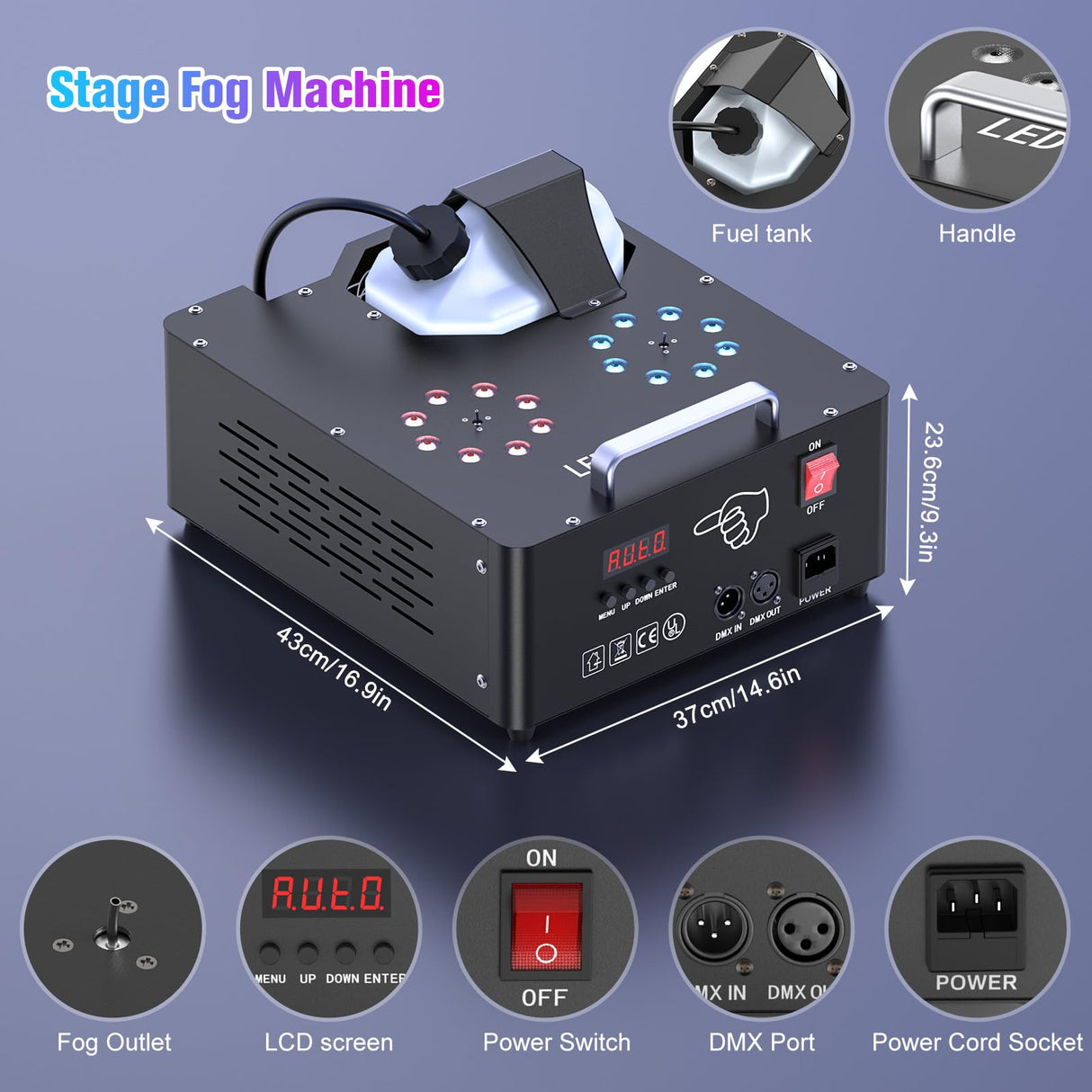 2000W Professional Fog Machine Dual Nozzle with 16 RGB LED, DMX Control Adjustable Smoke Direction, 2.5L Tank LCD Display 30000CFM for Halloween Christmas Stage DJ Party Club Events