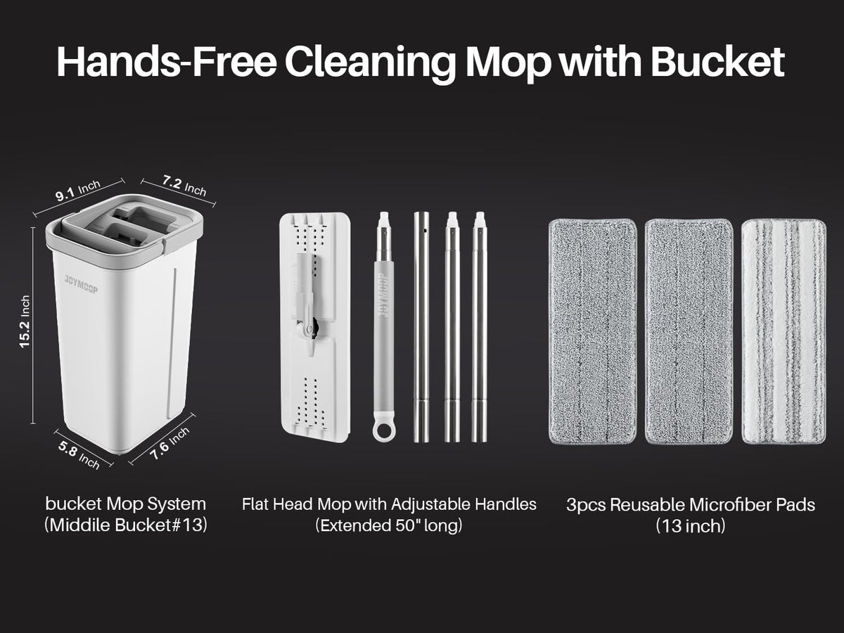 JOYMOOP Flat Mop System, Wall Mop and Bucket Set, Commercial, White, 3 Pads