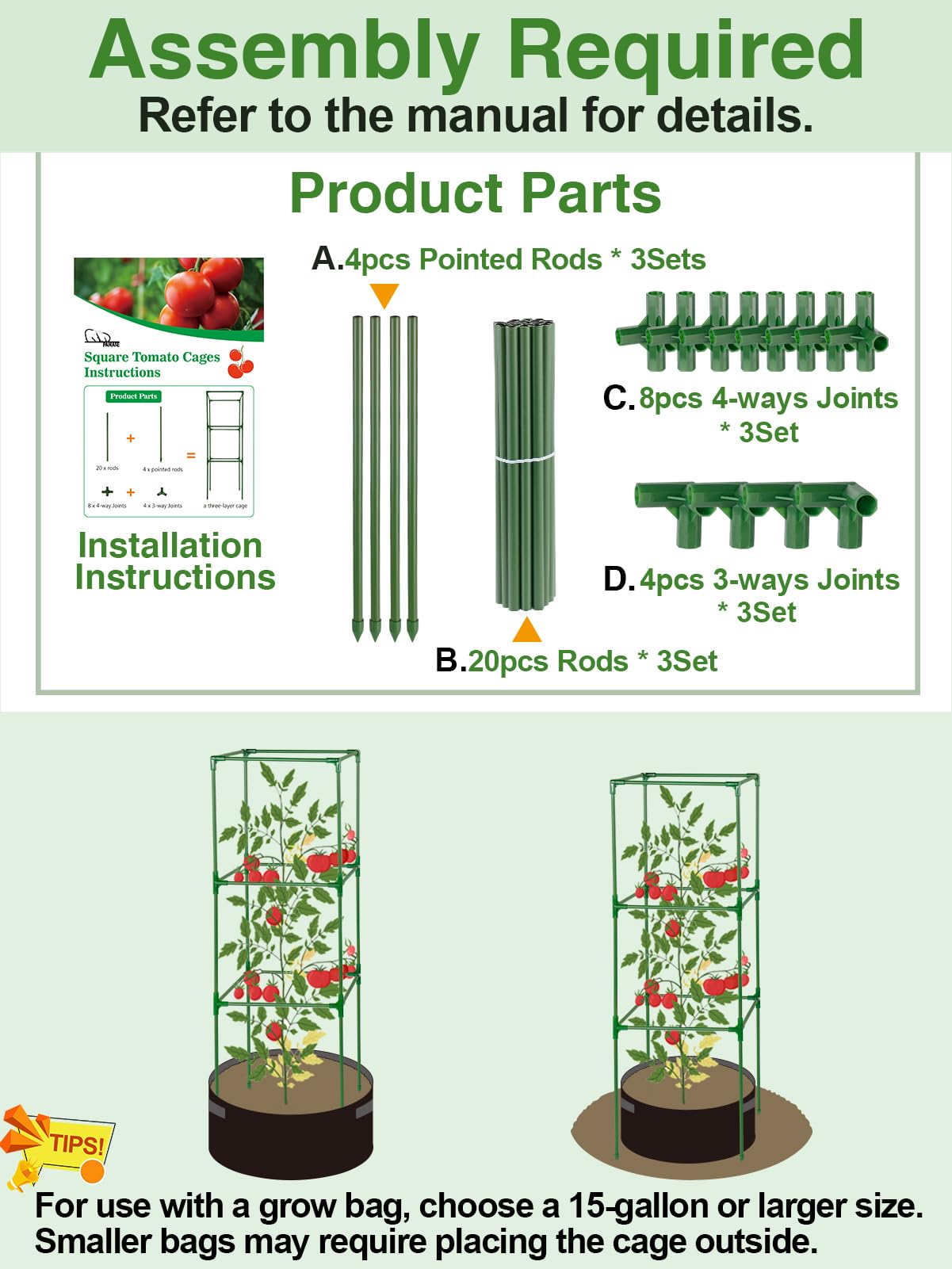 PAMASE 45x14.5x14.5in Square Tomato Cage for Garden, 3 Pack