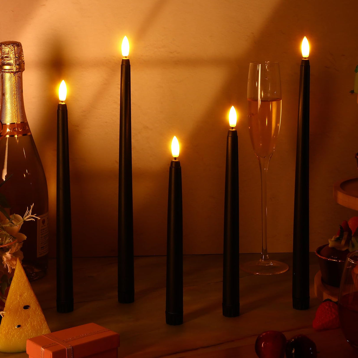 Rossesay 24 Pcs Flameless LED Taper Candles Battery Operated Candles 8.58'', 9.69'', 10.98'', 12.91'', 12.8'' Flameless Candlesticks Flickering for Halloween Christmas Church Wedding(Black)