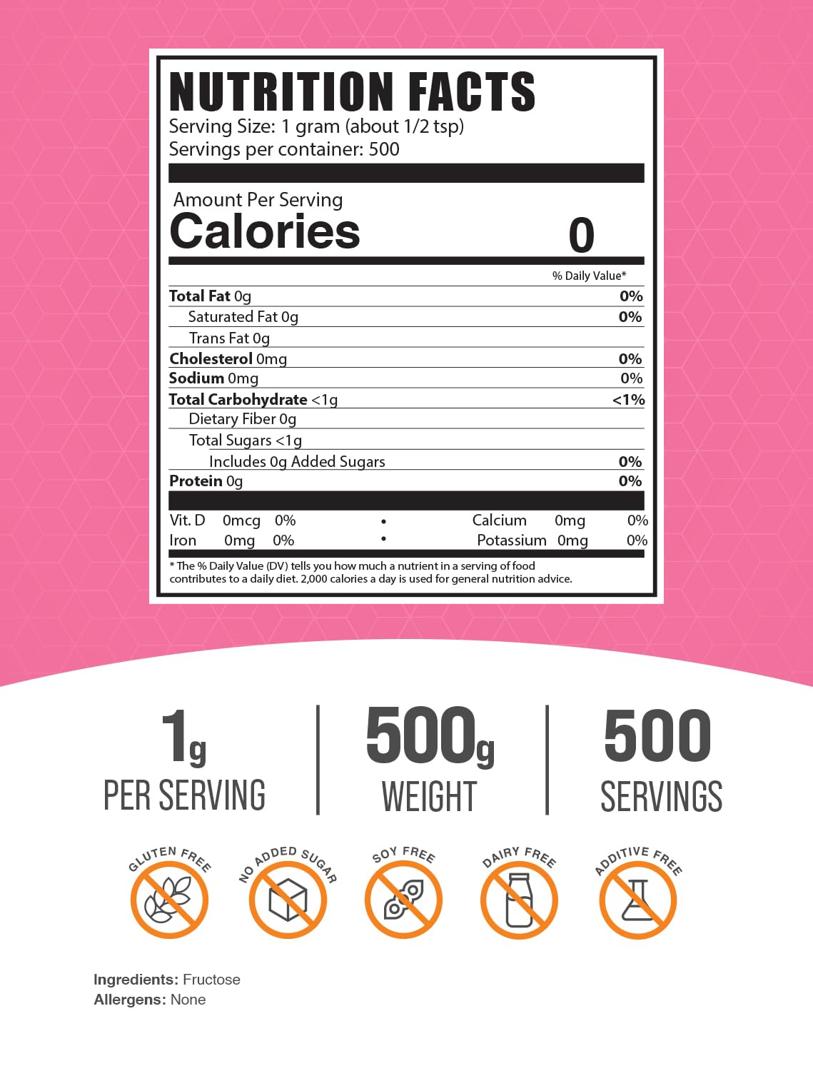 BulkSupplements.com Fructose Powder - Fructose Sugar, Zero Calorie Sweetener - Food Grade & Gluten Free, 1g per Serving, 500g (1.1 lbs) (Pack of 1)