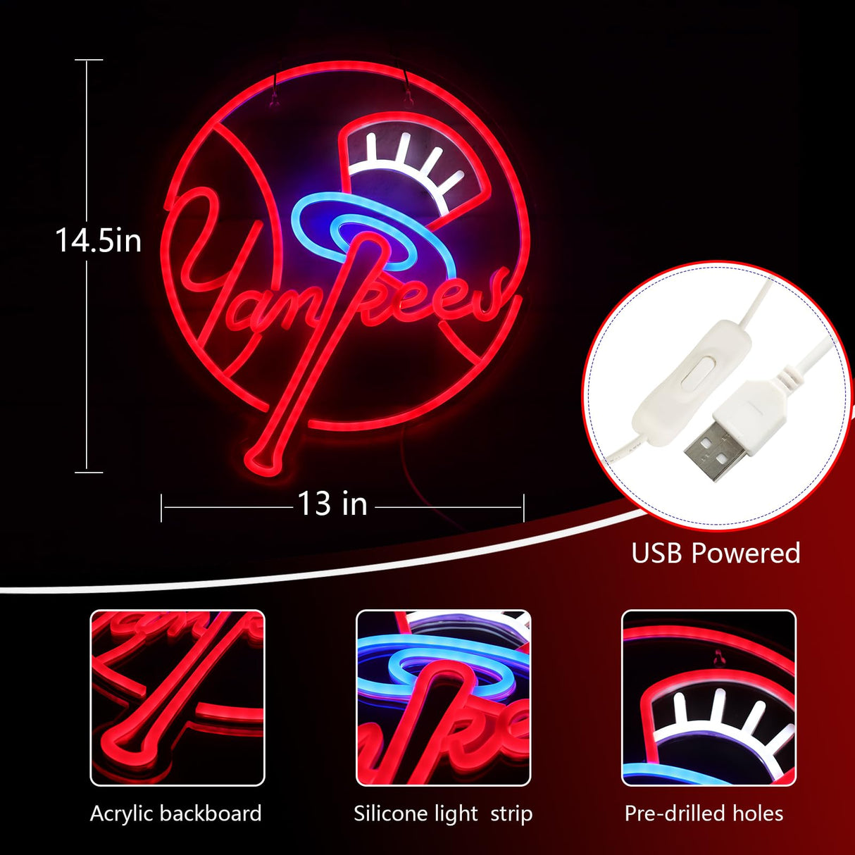 AHlove YANKEES Neon Signs for Wall Decor，Baseball Team Neon Lights for Bedroom，LED Signs Suitable for Man Cave，5V Power Adapter，Birthday、Christmas Gifts for Boys 13 * 15Inch(red+blue+white)