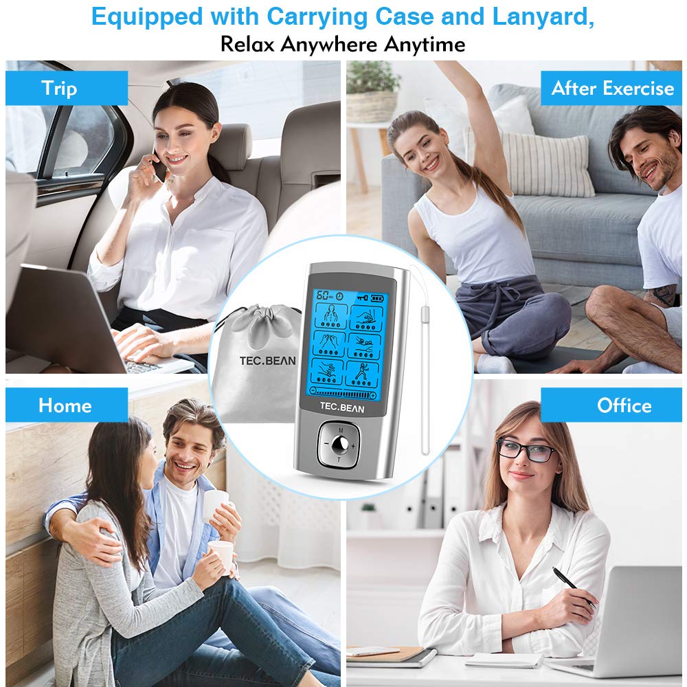 TEC.BEAN 24 Modes Tens Unit Muscle Stimulator, Rechargeable Tens Machine with 8 Electrode Pads (American Gel), Electric Pulse Massager for Pain Relief Therapy（Silver