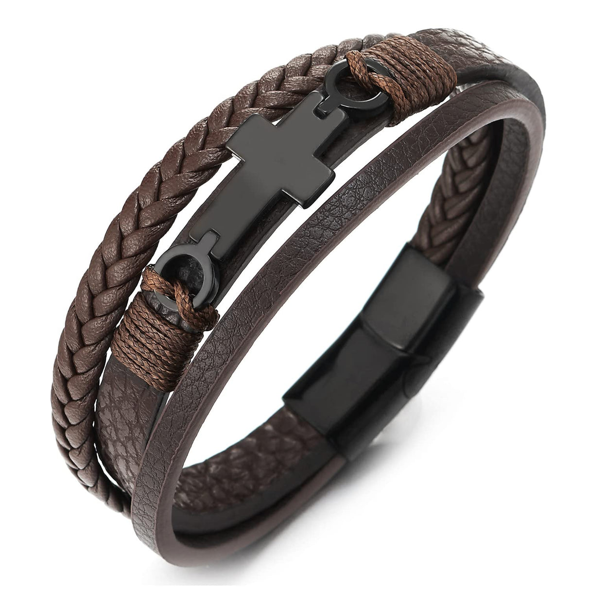 COOLSTEELANDBEYOND Men's Brown Layered Leather Bracelet With Black Cross Bar Centerpiece, Braided and Smooth Strap Design, Black Clasp Wristband, Modern Faith Style Accessory