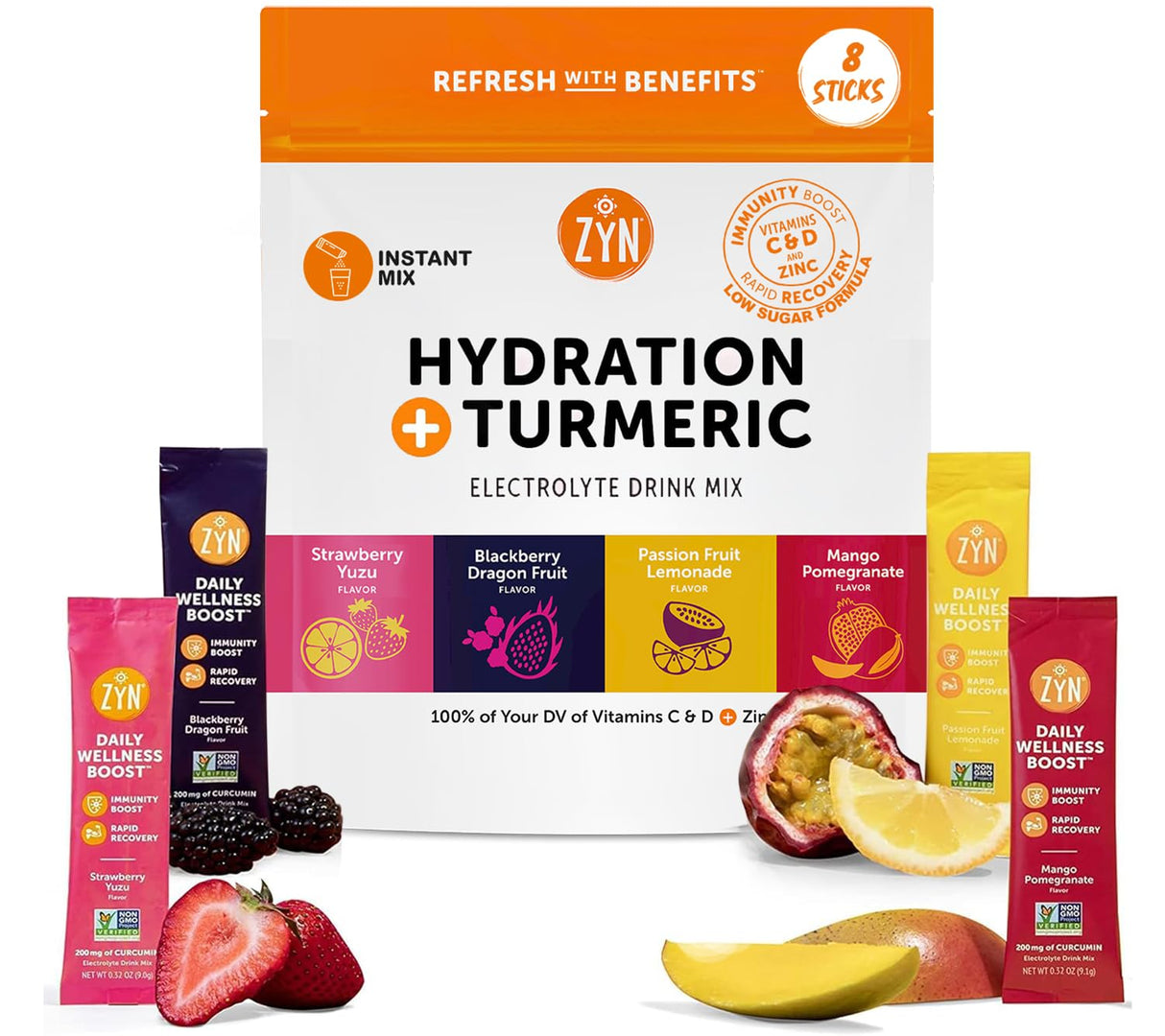 ZYN Electrolyte Drink Mix Hydration Packets, Electrolytes Powder, Hydration Packets w/Turmeric Curcumin, Vitamin C, Vitamin D, Zinc, Hydrate Electrolyte Powder Packets for Wellness, Variety Pack of 8