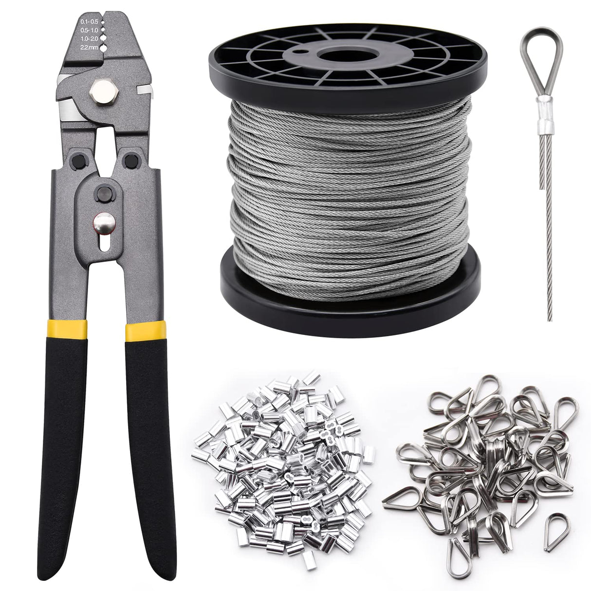 328ft Wire Rope Crimping Tool Kit, 1/16" Stainless Steel Wire Rope Cable with Aluminum Crimping Sleeves and Stainless Steel Thimbles for Railing, Decking, Picture Hanging