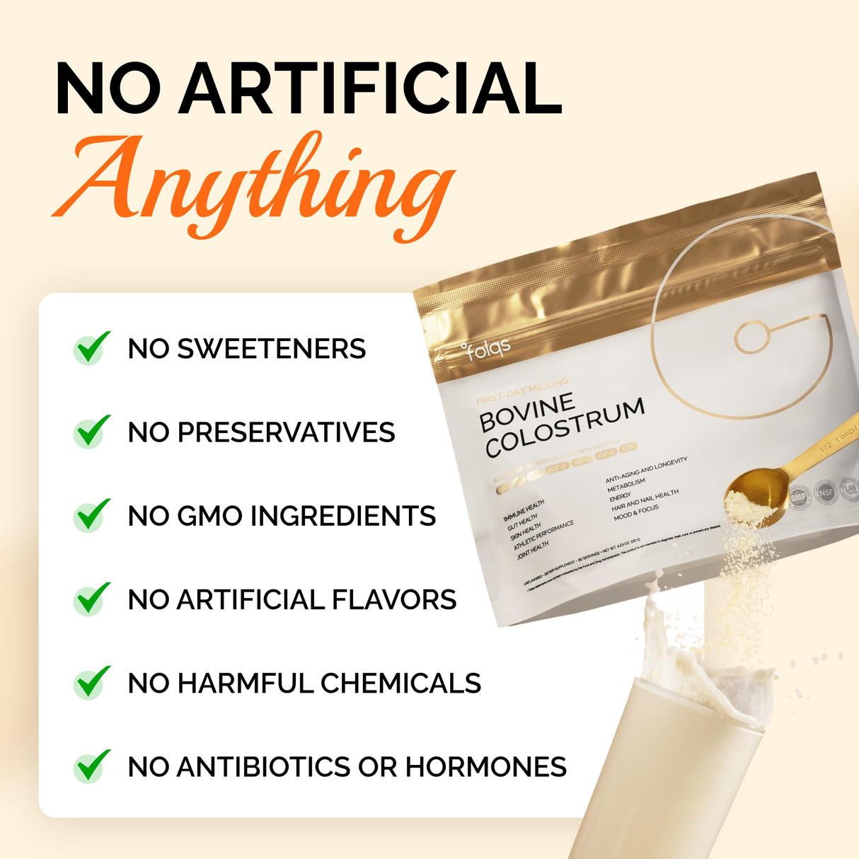 Folqs Bovine Colostrum Powder – First-Day Milking for Immune & Gut Support – 60 Servings – Supports Skin & Tissue Health – Made in USA - Amino Acids, Vitamins, Minerals – Kosher - Sustainably Sourced