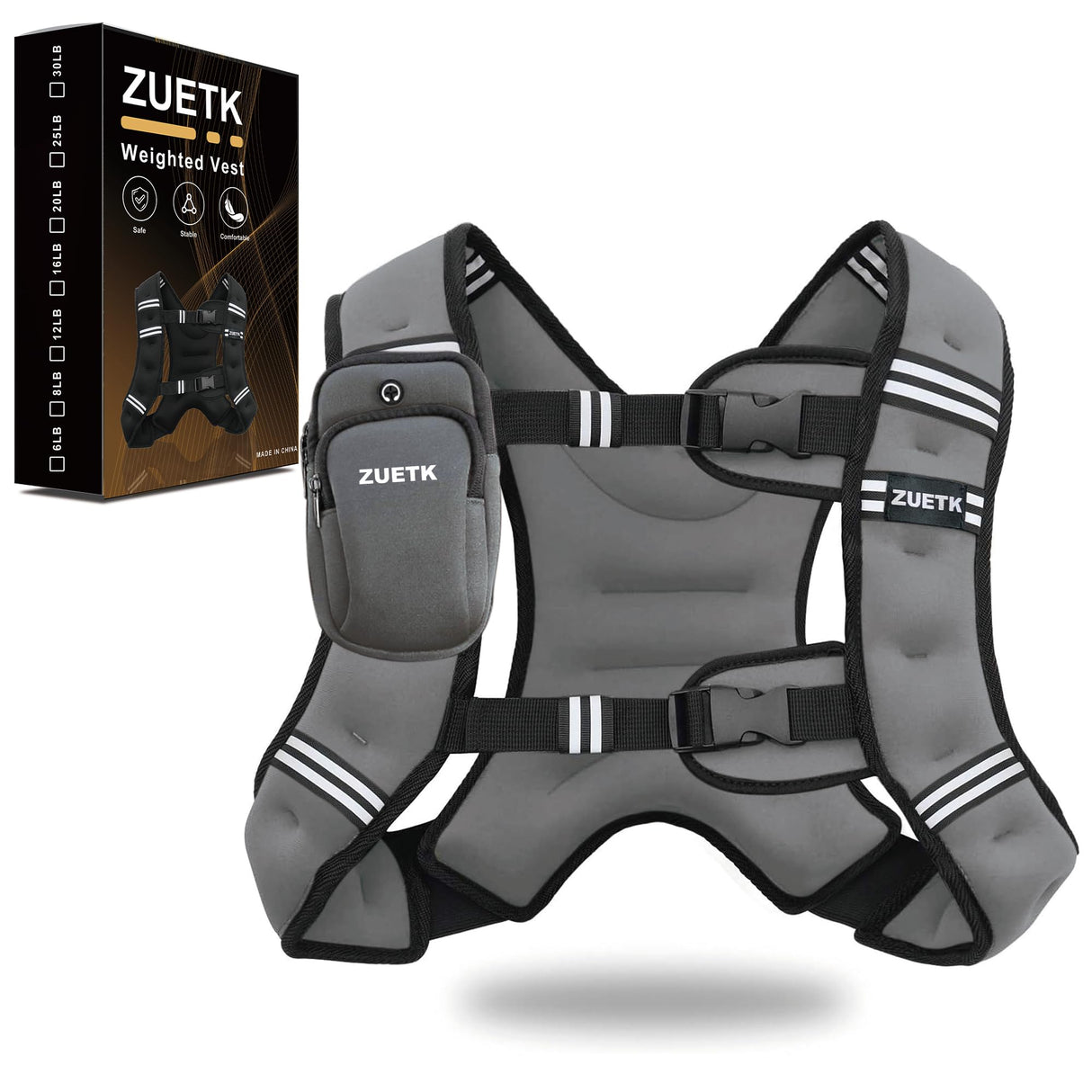 ZUETK Weighted Vest, 6lb/8lb/12lb/16lb/20lb/25lb/30lb Weight Vest with Reflective Stripe, Weighted Vest for Men Women Workout Equipment for Strength Training, Running, Jogging, Fitness, Weight Loss