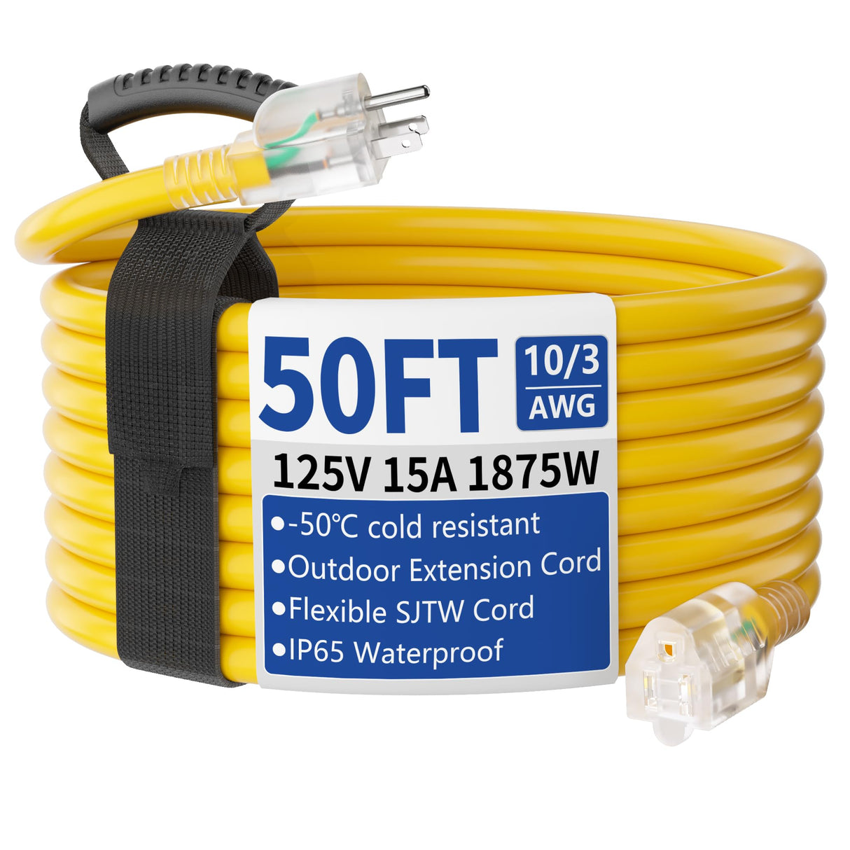Cismorvex 50ft Outdoor/Indoor Extension Cord with Lighted 10/3 Gauge Ultra 3 Prong Heavy Duty SJTW, Waterproof, Flexible Cold-Resistant,15A 125V 1875W, Yellow