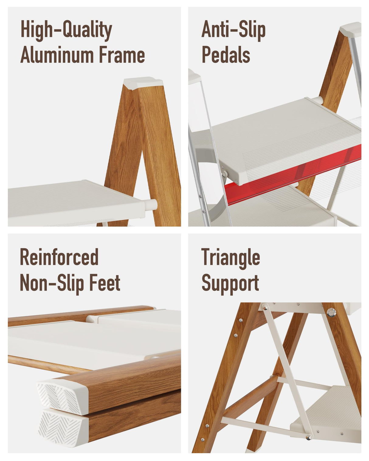 Mayi Plus 2-Step Aluminum Ladder,Lightweight Folding Step Stool with Extra-Wide Anti-Slip Steps,330 lbs Capacity,Compact Space-Saving Design for Home,Kitchen and Office（White&Woodgrain）