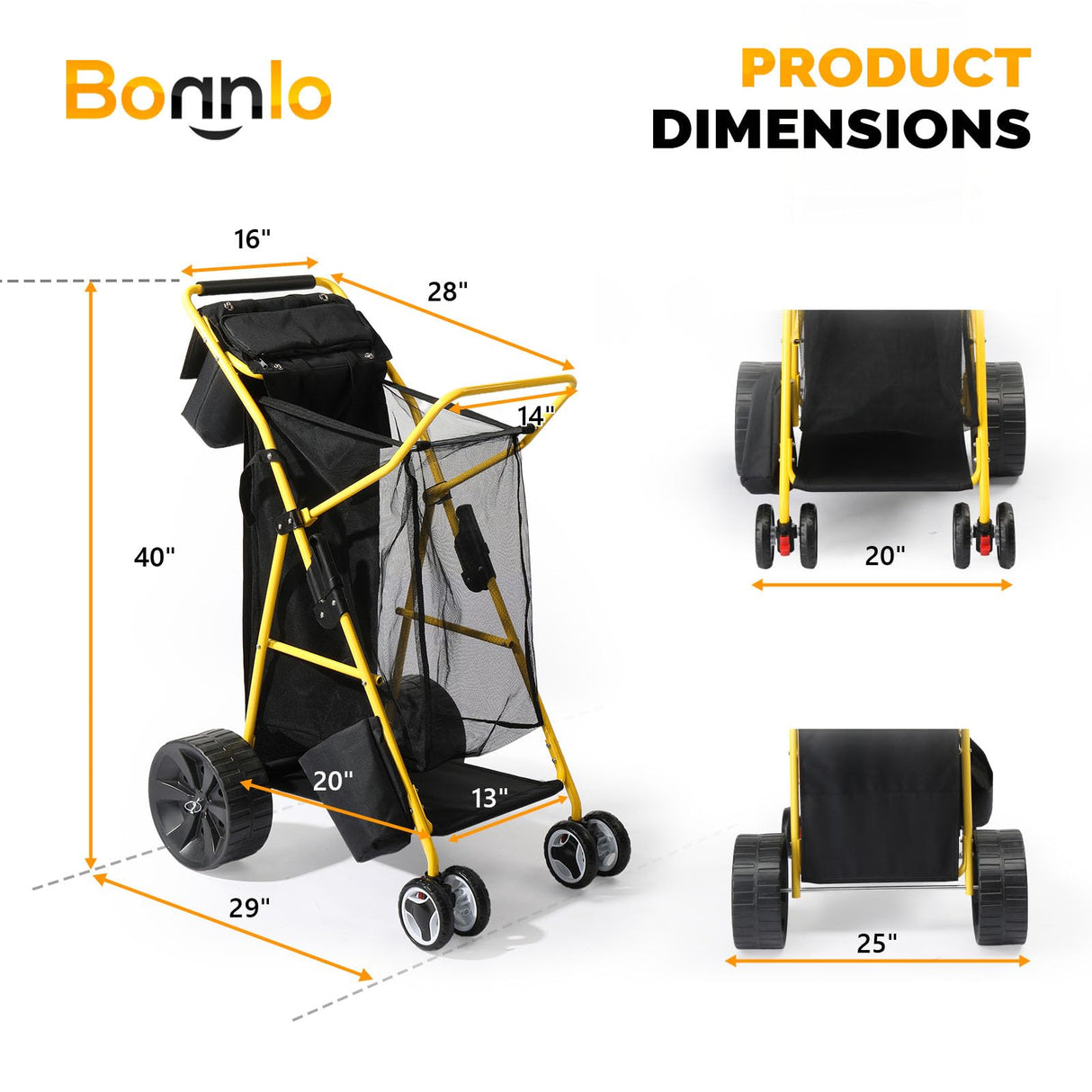 Bonnlo Beach Fishing Cart for Sand, Solid Wheel 11" Large All Terrain Wheels, Foldable Beach Wagon, Insulated Bag, 165lbs Capacity, Large Storage Space