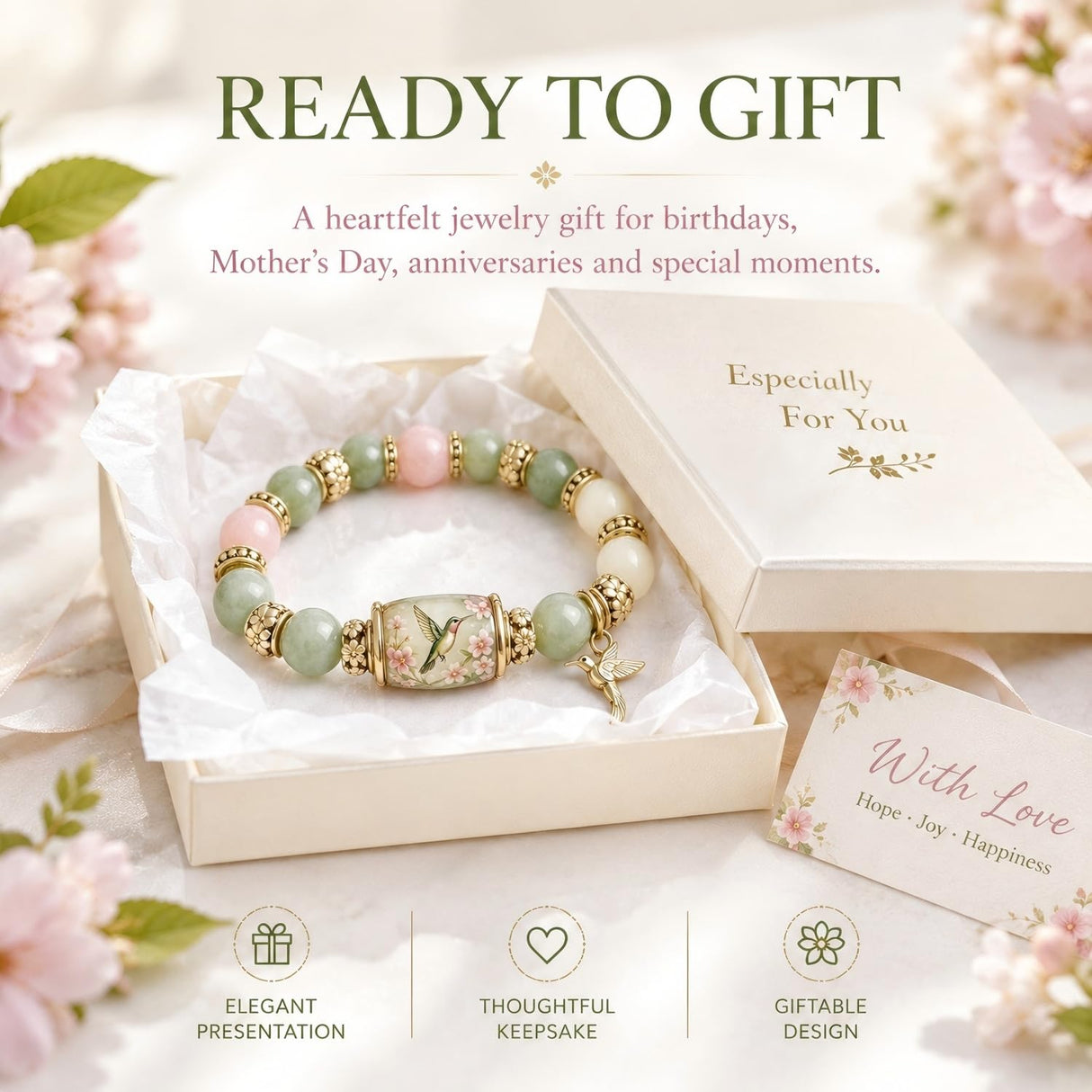 VOOYVEX 2026 Hummingbird Blessing Jewelry Beads Bracelet for Women Spring Garden Hummingbird Charm Thick Elastic Beaded Bracelets with Giftbox