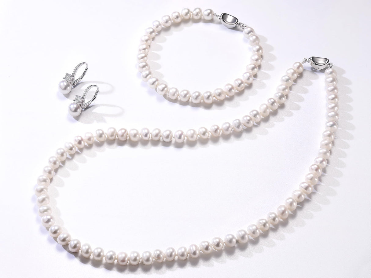 Freshwater Pearl Necklace Set Includes Bracelet and Earrings Genuine Pearl Set Jewelry for Women 925 Sterling Silver Pearl Jewelry for Mother's Day, Anniversary, Birthday, Valentine's Day, Wedding