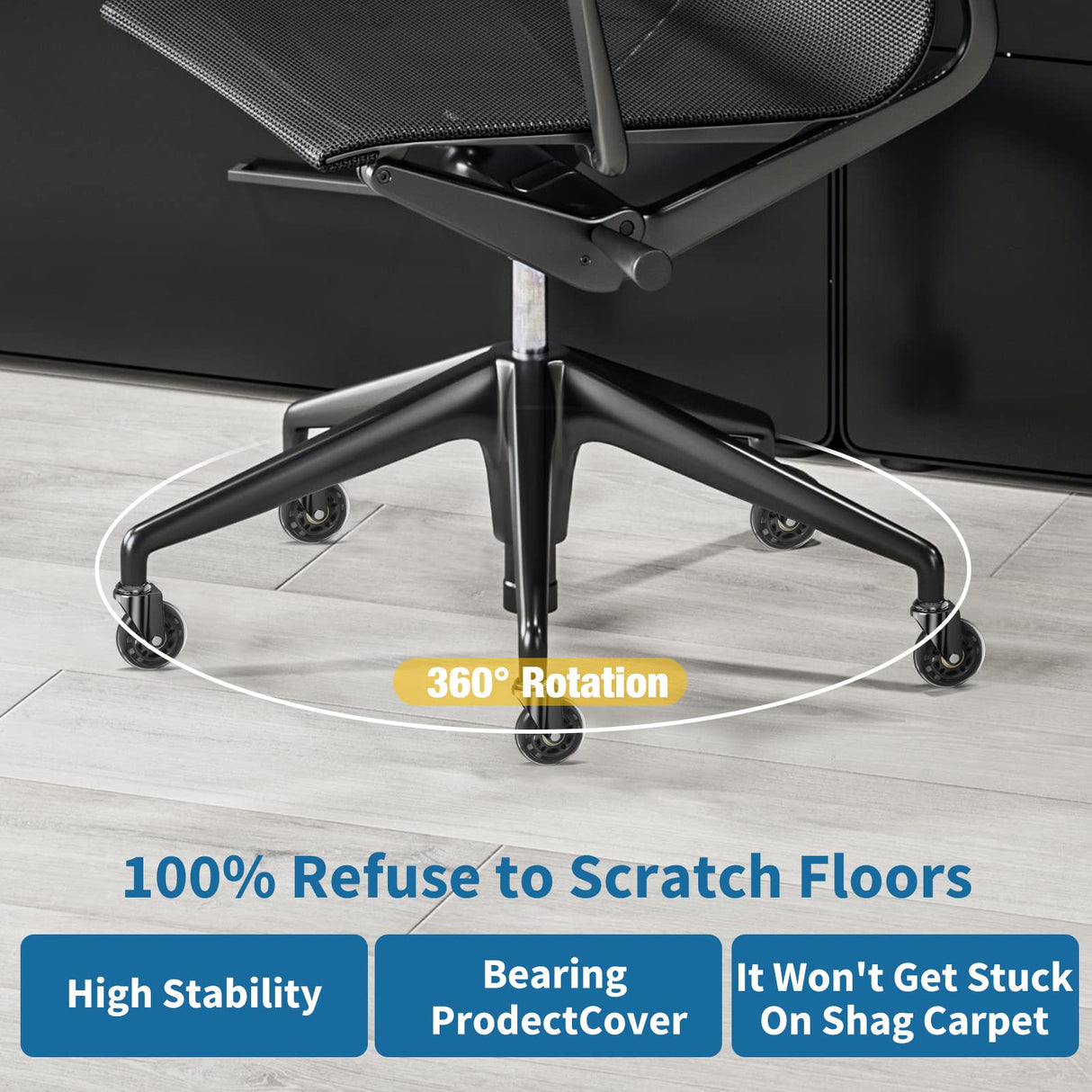 Office Chair Wheels Replacement, Transparent 3 Inch Heavy-Duty Computer Gaming Desk Rubber Casters,Smooth & Silence Gliding for All Floors Including Hardwood Carpet, Set of 5