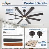 BvenuBigLite Large Ceiling Fans with Lights: Modern 72 Inch 8 Blade Outdoor Ceiling Fan with Remote APP Control - Dimmable Black Big Fan Light Indoor Reversible 6 Speed Quiet DC Motor