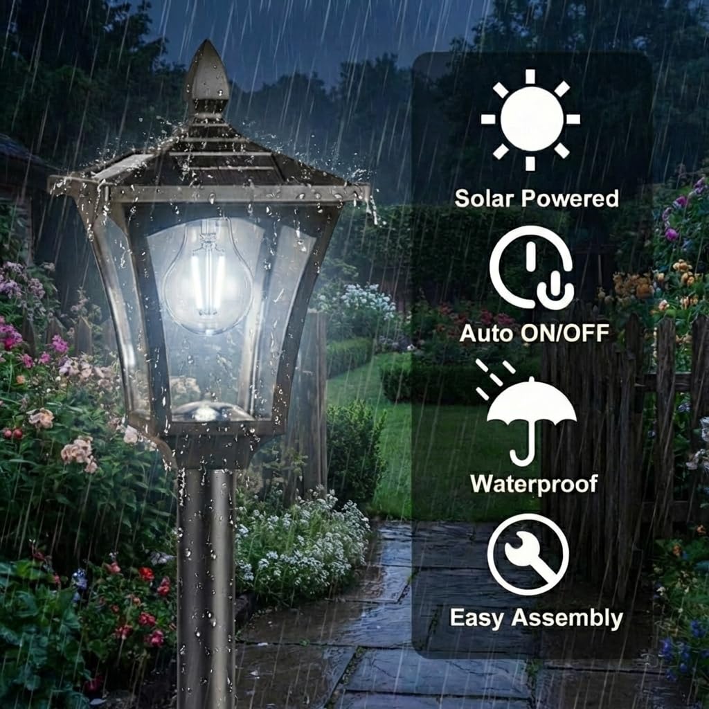Benany 76" Solar Lamp Post Lights with Planter, Glass & Metal Street Light Outdoor Waterproof, 60 Lumens Dusk to Dawn Solar Pole Light for Garden, Yard, Driveway, Porch, Patio, Cool White