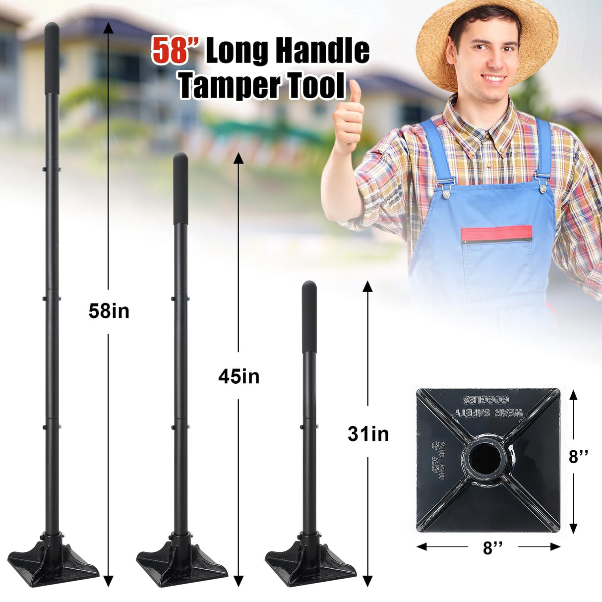 Steel Tamper Tool, Heavy Duty Garden Ground Steel Tamper Tool Kit Long Handle 58 Inch, 8x8” Square Dirt Hand Tamper Landscaping Garden Tools for Leaving Soil, Sand, Gravel, Asphalt, Driveway