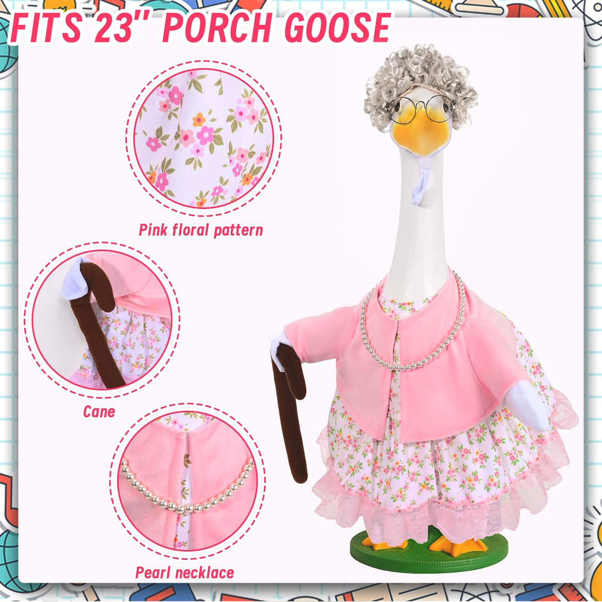 JcHrmers Old Lady Goose Outfits Porch Goose Clothes Fits 23" Cement Plastic Goose Statue Grandma Goose Outfit with Wig Glasses Pearl Necklace for School Outdoor Garden Lawn Yard Patio Art Decor
