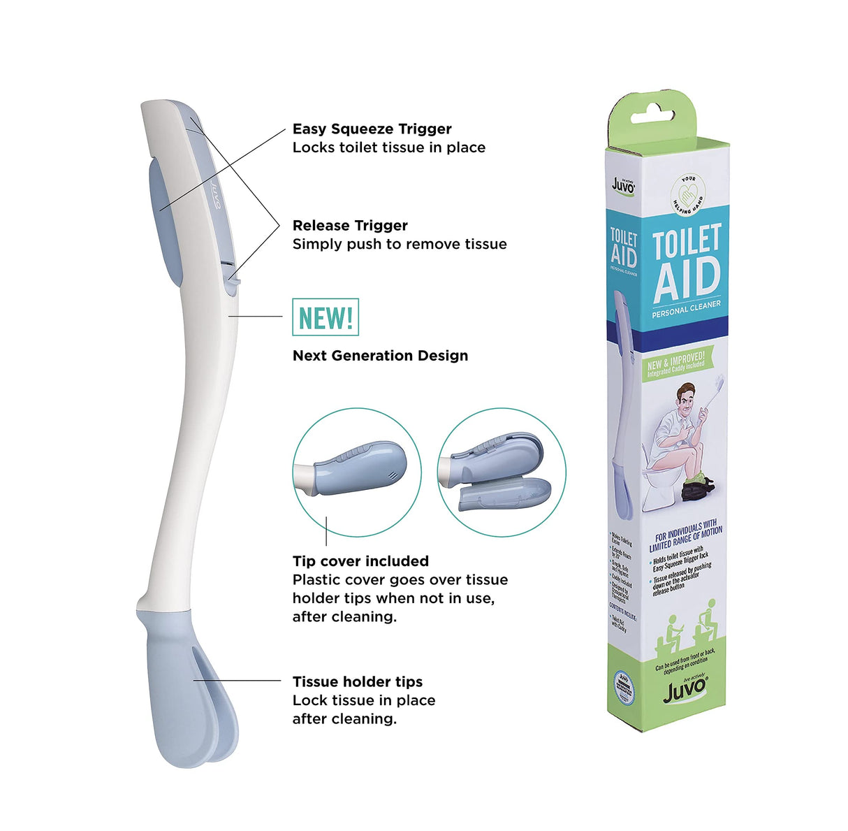 Juvo Toilet Aid - Personal Bottom Wiping Tool, Bathroom Mobility Aid for Disabled, Elderly, and Surgery Recovery - 18" long wand with hygienic cover