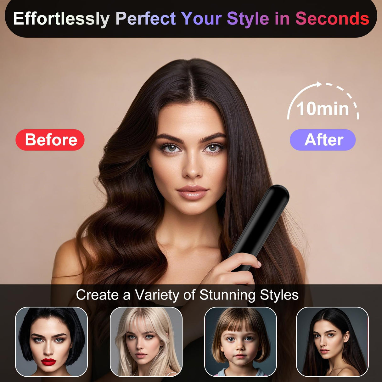 Cordless Hair Straightener Brush with 6500mAh Fast Charge Dual Mode (Cord-in-use & Cordless), 200 Million Negative Ions Portable Travel Straightener, 30s Heat-Up Mini Hair Straightening Comb for Woman