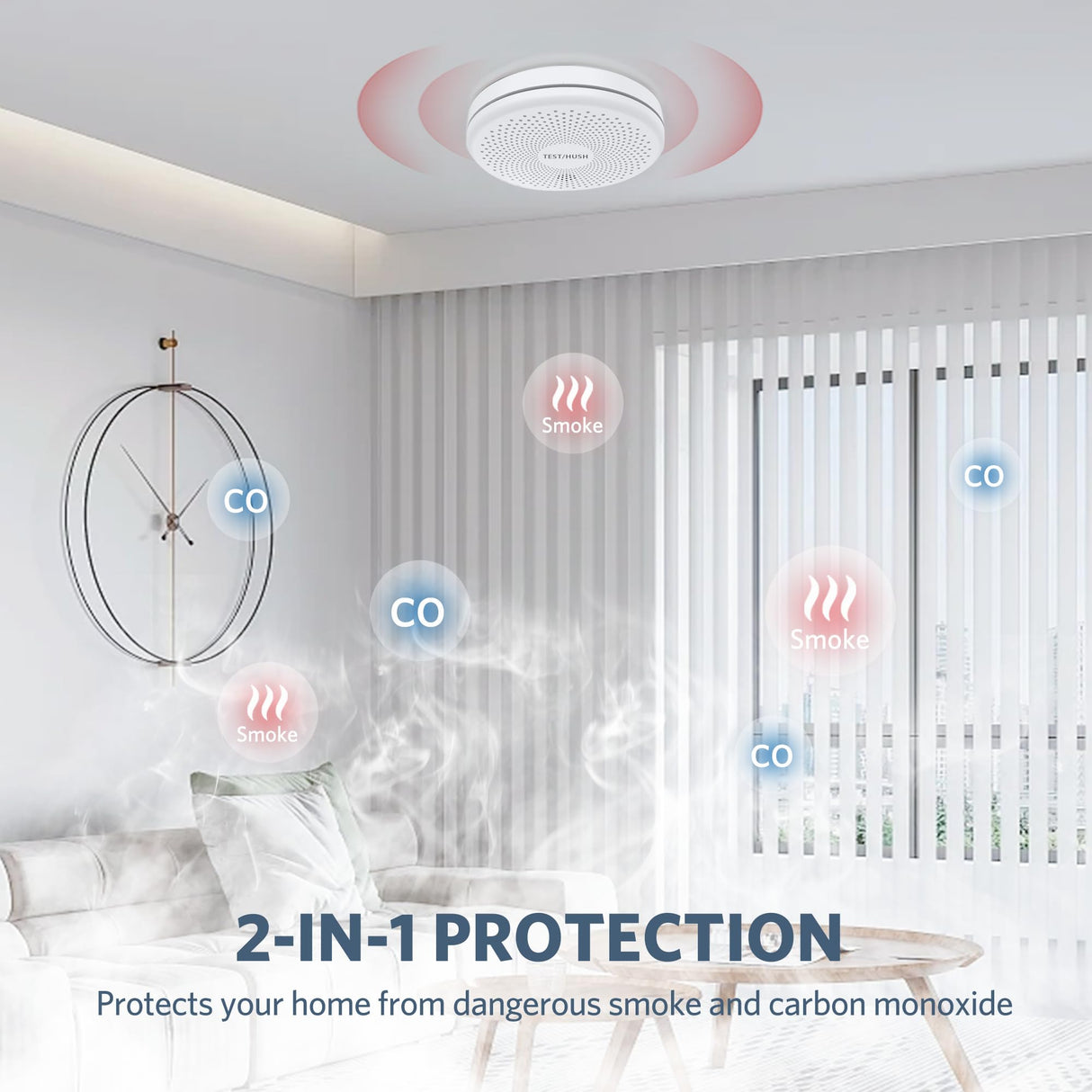Smoke Detector Carbon Monoxide Detector Combo, HATHEPHS 10-Year Battery Slim Smoke & CO Alarm with Large Test/Silence Button, Adhesive & Screws Included
