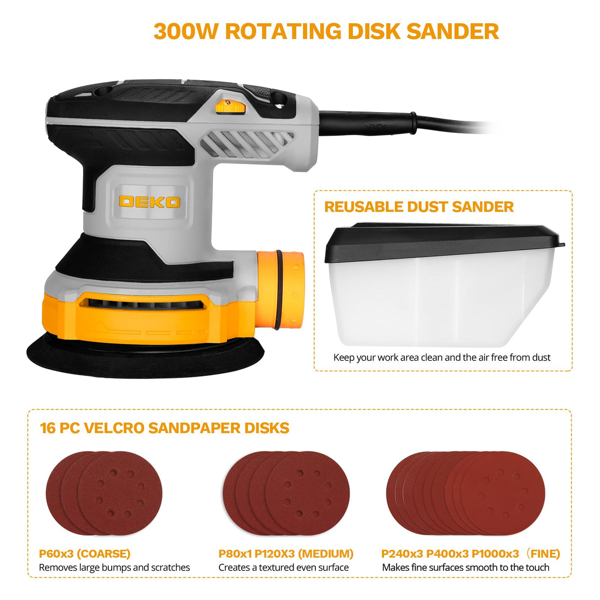 Orbital Sander Corded Hand Sander: DEKOPRO 5" Random Orbital Sander with Dust Box, 6 Various Speeds Electric Palm Sander with Dust Box, 16Pcs Sandpapers for Woodworking & Sanding-Yellow