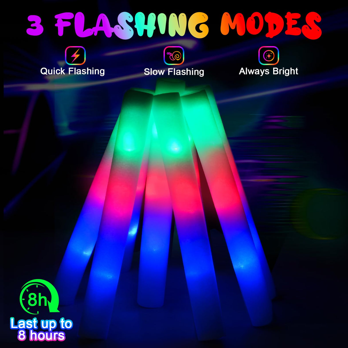 HONLYNE 44 PCS Foam Glow Sticks with 3 Modes Colorful Flashing, Foam Light Up Sticks, LED Light Sticks, Glow Sticks Party Pack for New Year, Wedding, Raves, Concert, Christmas