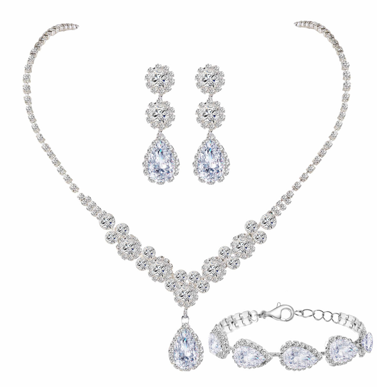 Paxuan Silver / Gold Rhinestone Crystal Wedding Bridal Bridesmaids Earrings Bracelet Set for Women Brides Bridesmaids Crystal Rhinestone Jewelry Set for Wedding Bridal Prom Pageant (Style2 - Necklace + Earrings + Bracelet(Silver Plated White Cubic Zirconi